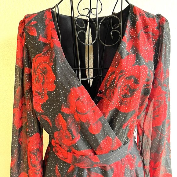NEW! CITY TRIANGLES Dress Women 7 Floral Fit Flare Belted Sparkle Black Red - Picture 6 of 14